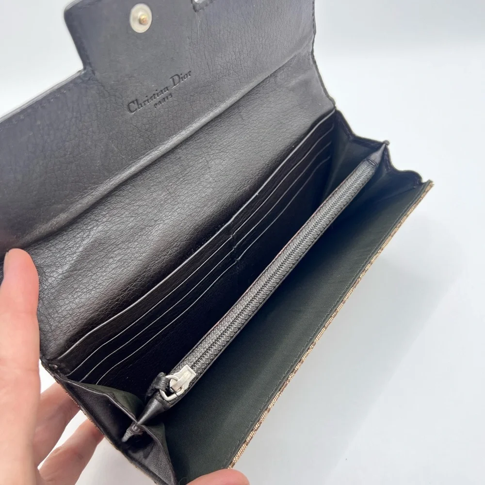 Authentic Christian DIOR Canvas x Leather Monogram Folding Long Wallet